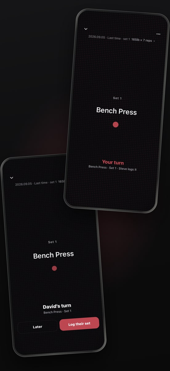 REDDY partner workout — logging the partner’s bench press set on their turn