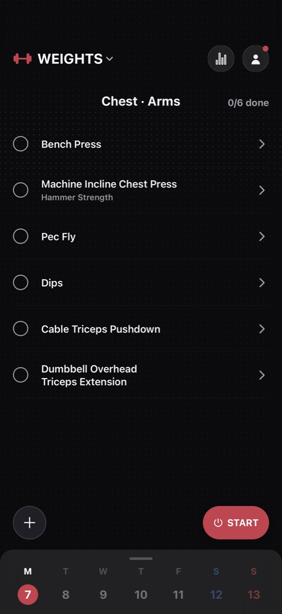 REDDY weights home — a session with six movements, none started